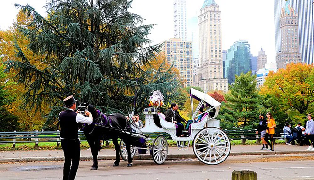 A horse-drawn carriage with passengers is parked in a verdant urban park with a cityscape in the background and a man taking a photograph of the scene