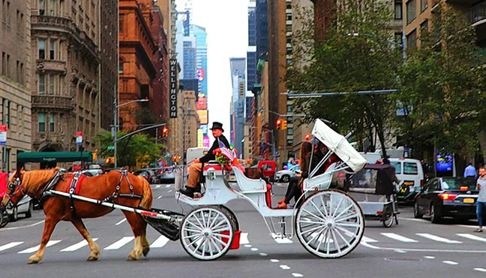 A horse-drawn carriage with a driver wearing a top hat travels through a bustling city street lined with tall buildings