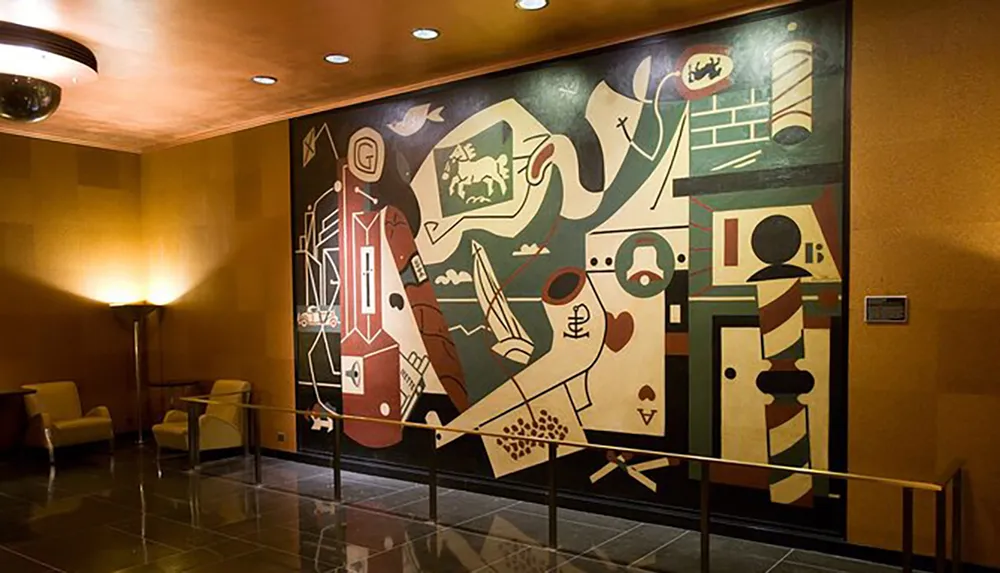 The image features a large colorful abstract mural displayed on a wall inside a warmly lit room with modern seating and a barrier in front