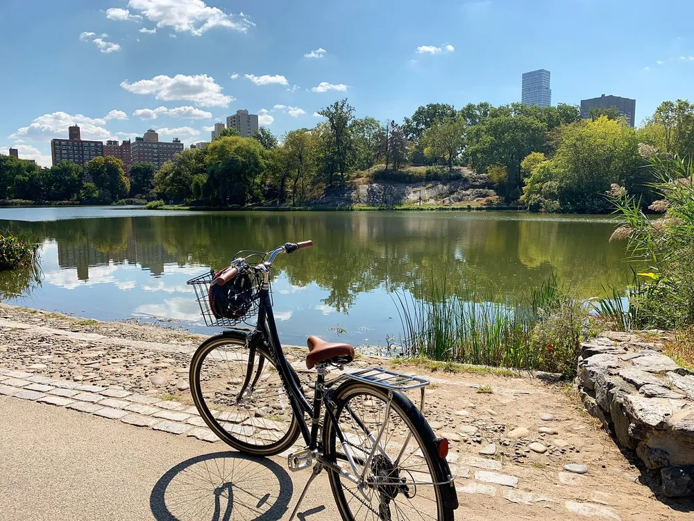 A bicycle with a front basket is parked along a cobblestone path by a calm lake with urban buildings in the background on a sunny day