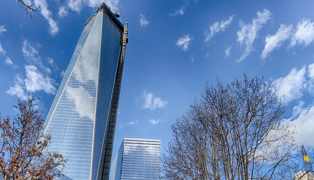 The image features a towering glass skyscraper reaching into a blue sky dotted with white clouds flanked by leafless trees suggesting it might be late fall or winter