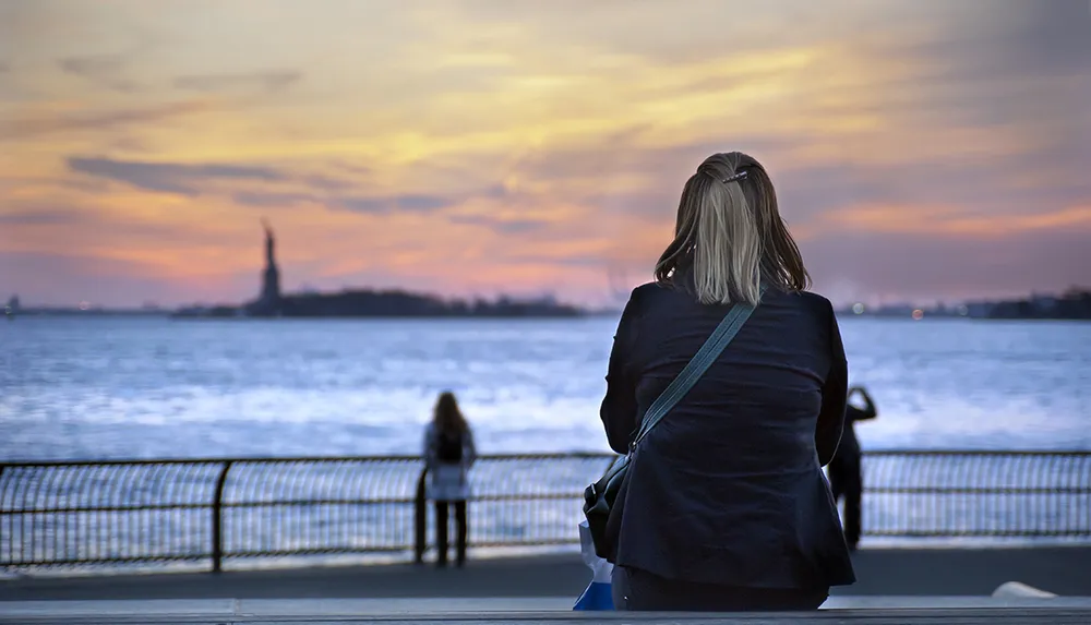 A person is seen from behind looking out over a body of water towards the Statue of Liberty at sunset