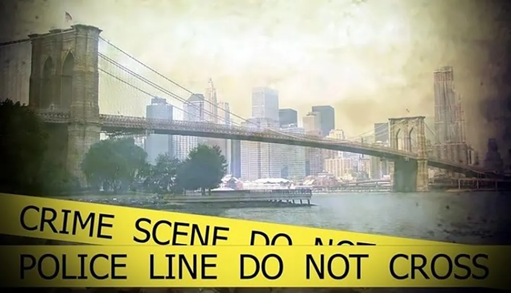 The image depicts a crime scene tape with the text CRIME SCENE DO NOT CROSS superimposed on a hazy background featuring the Brooklyn Bridge and the New York City skyline