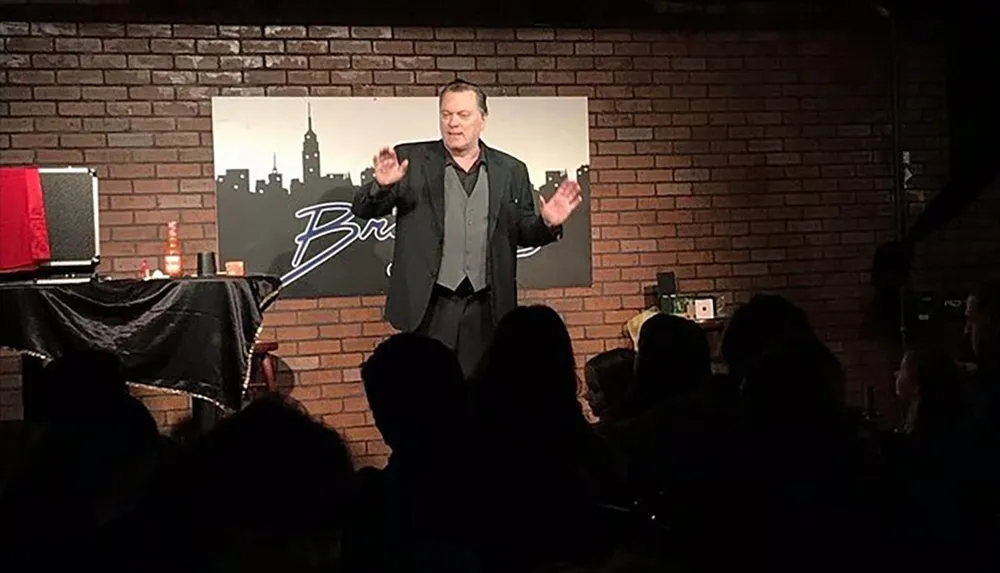 A person is performing on stage at a comedy club in front of an audience