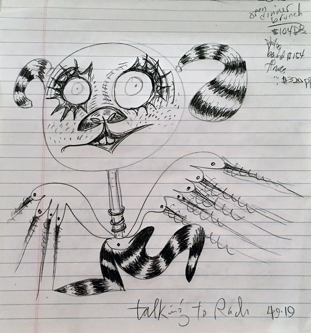 This image shows a whimsical and slightly unsettling drawing of a creature with a round head large eyes a protruding snout striped limbs and multiple tentacle-like appendages sketched in black ink on lined notebook paper