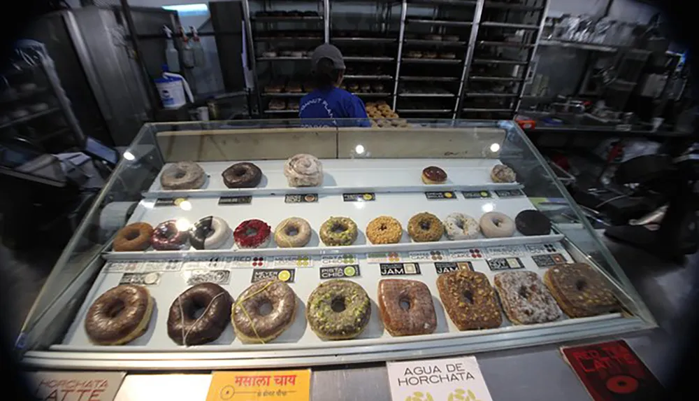 A person is working behind the counter in a donut shop with a display case showcasing an assortment of donuts in the foreground