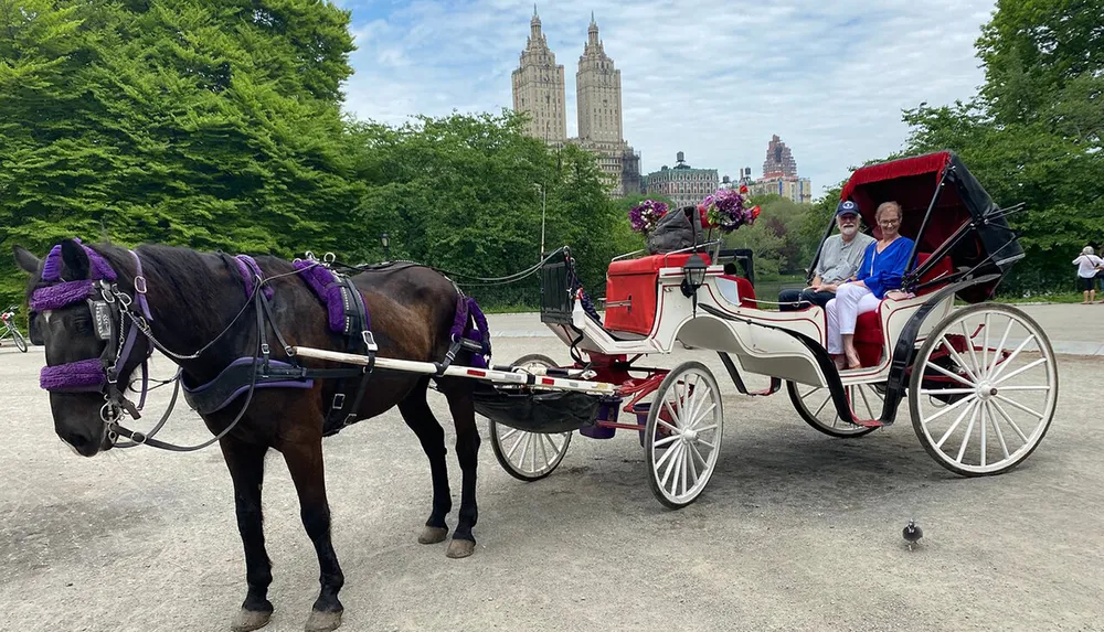 A horse-drawn carriage with passengers is parked in what looks like a city park with tall buildings in the background