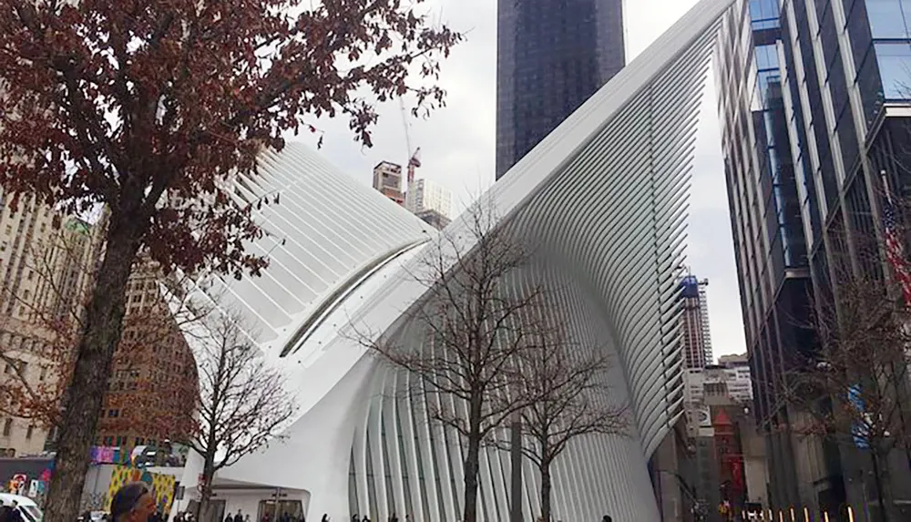 The image shows the Westfield World Trade Center also known as the Oculus an architecturally striking transportation hub and shopping center in Lower Manhattan New York City