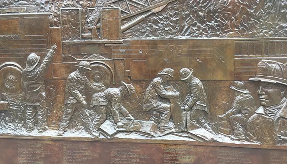 The image shows a bronze relief sculpture depicting firefighters in action seemingly involved in an emergency response situation