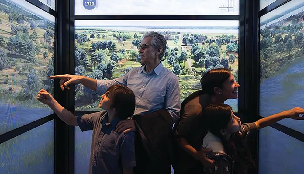 A group of people appears to be enjoying an interactive display or exhibit with two children pointing at something of interest while the adults look on