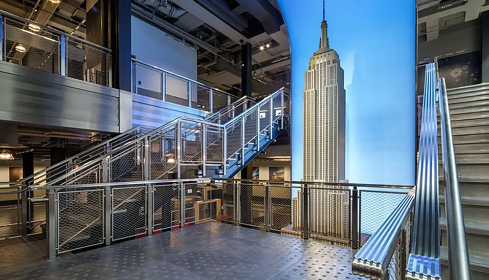 This image shows an industrial-style interior with metallic stairs and railings and a large graphic print of the Empire State Building as a decorative backdrop