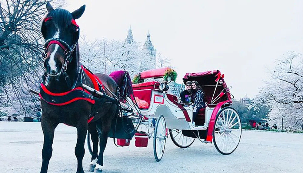 A horse-drawn carriage with two passengers travels through a scenic area with a wintry backdrop and historical architecture in the distance