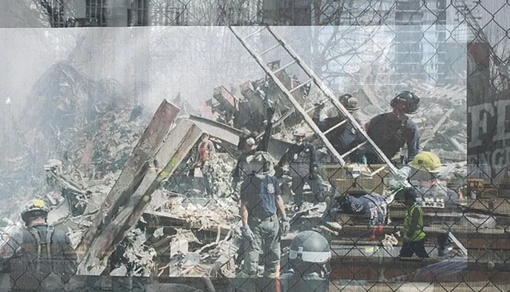 This image portrays emergency responders working amidst the rubble of a collapsed building with the scene viewed through a chain-link fence