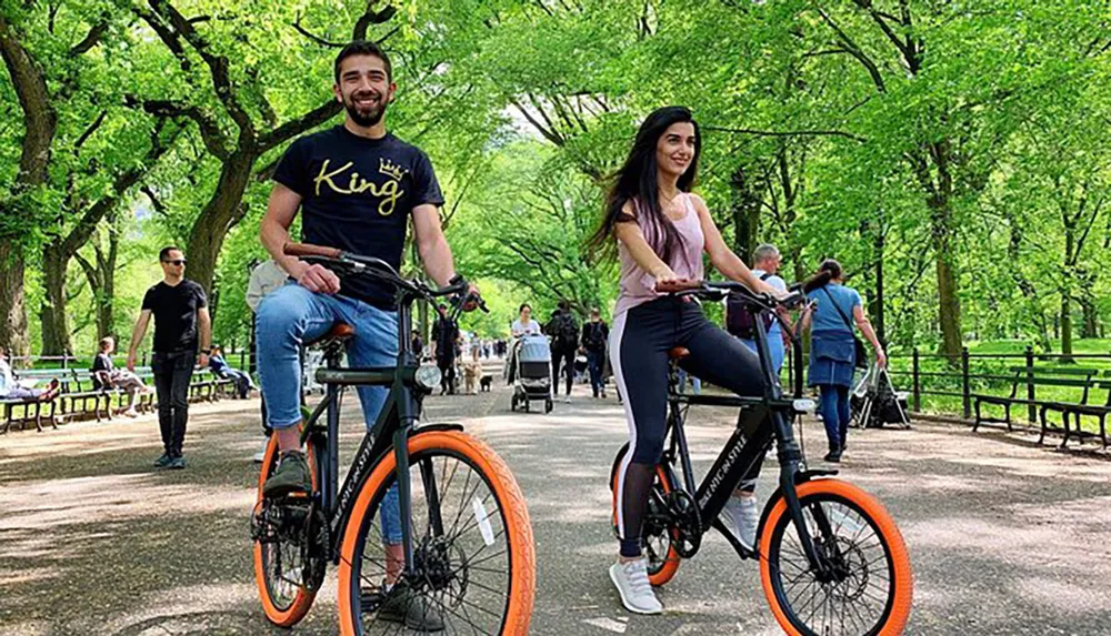 Two people are smiling and riding electric bikes in a tree-lined park with other park-goers in the background