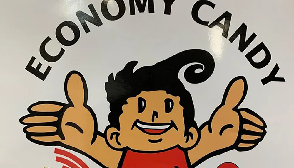 The image shows a cartoon character with two thumbs up below the words ECONOMY CANDY