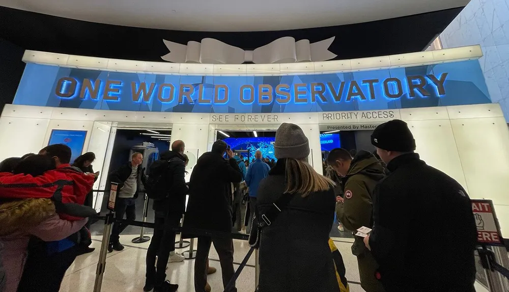 Visitors queue for entry at the One World Observatory an attraction at One World Trade Center in New York City