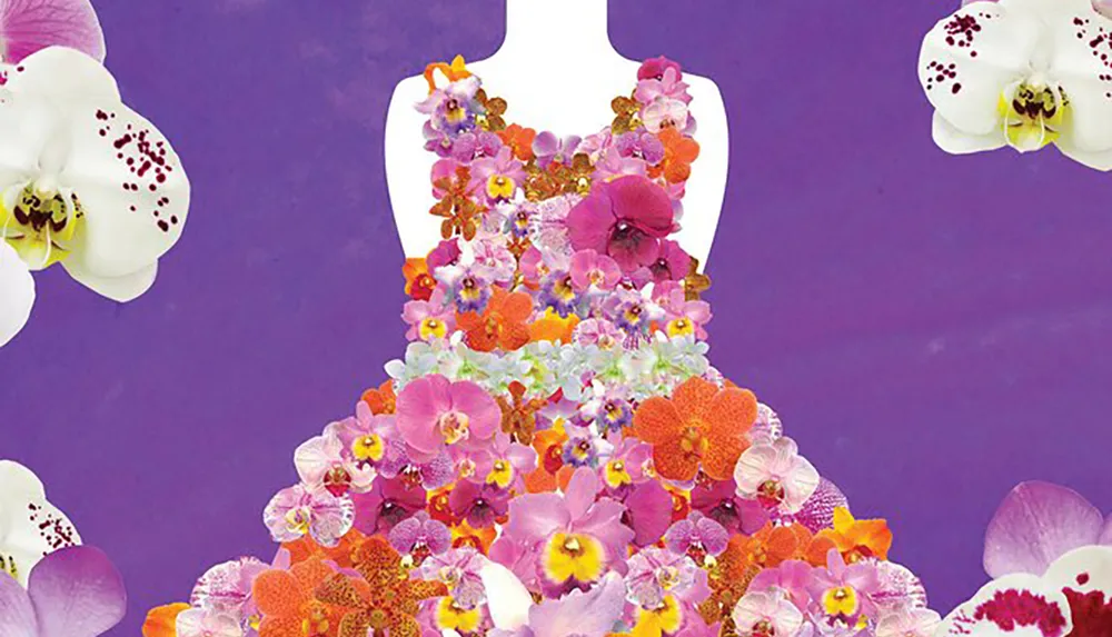 The image shows a silhouette of a dress filled with a vibrant arrangement of multicolored orchid flowers against a purple background