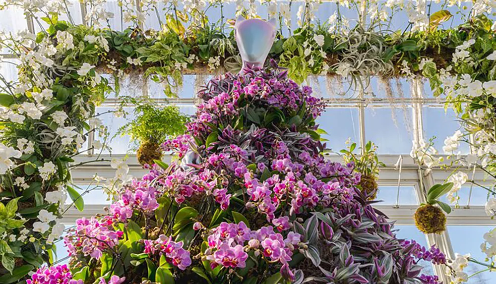 This is an image of an ornate floral display with a plethora of pink and white orchids arranged around a mannequin torso set against the backdrop of a greenhouse with a glass ceiling